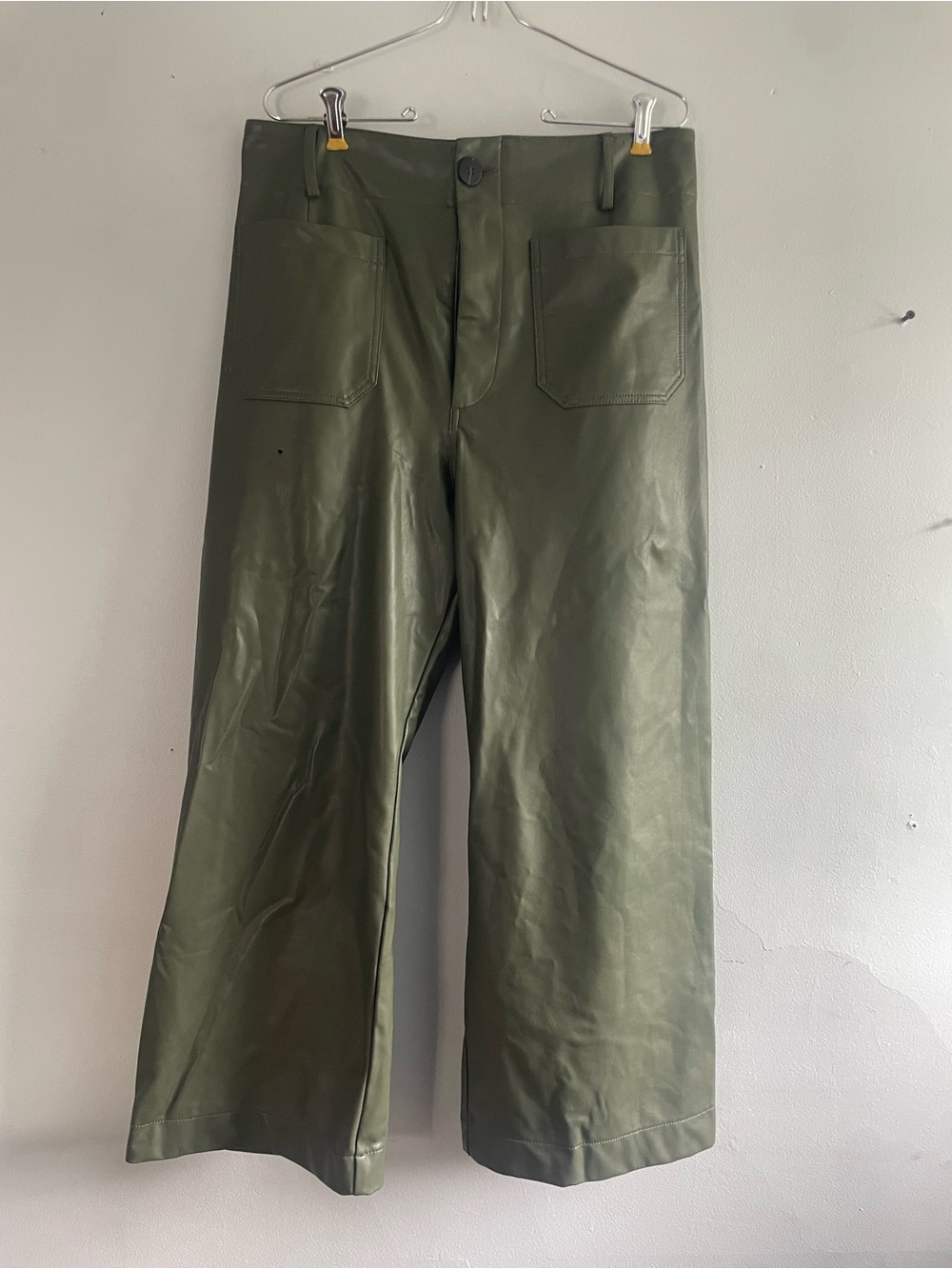 Anthropologie Maeve the Colette Olive Faux-Leather Wide-Leg Pants